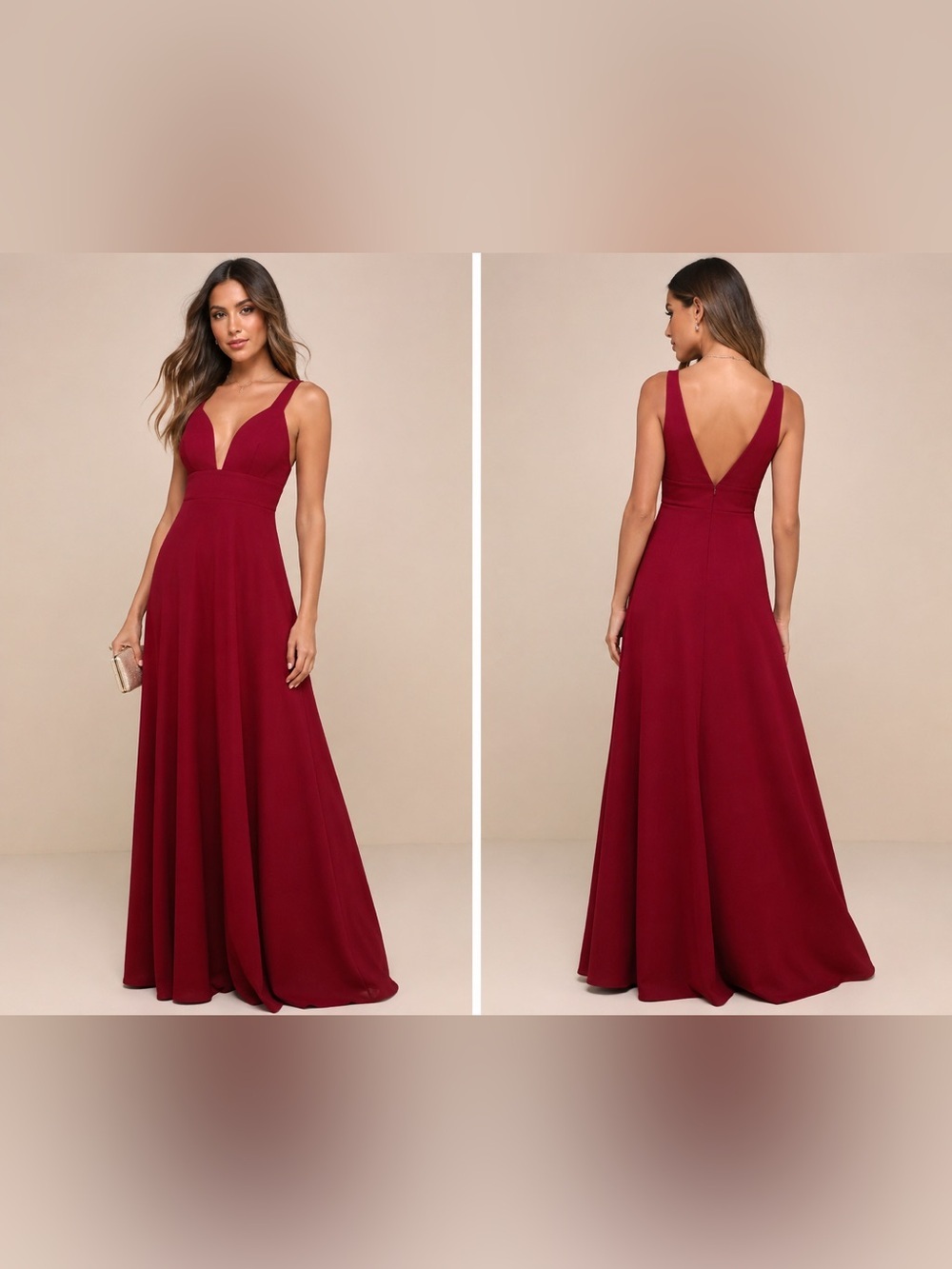 👗Lulus Burgundy Maxi Formal Dress NWT Deep V Sleeveless Gown Size M